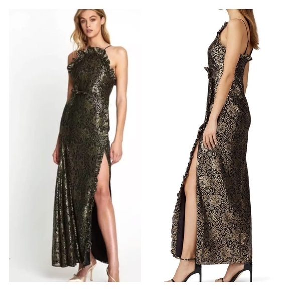 NWT ALICE MCCALL Distant Realms Maxi Gown Black Gold Metallic Lace Size US 0 - Picture 1 of 10